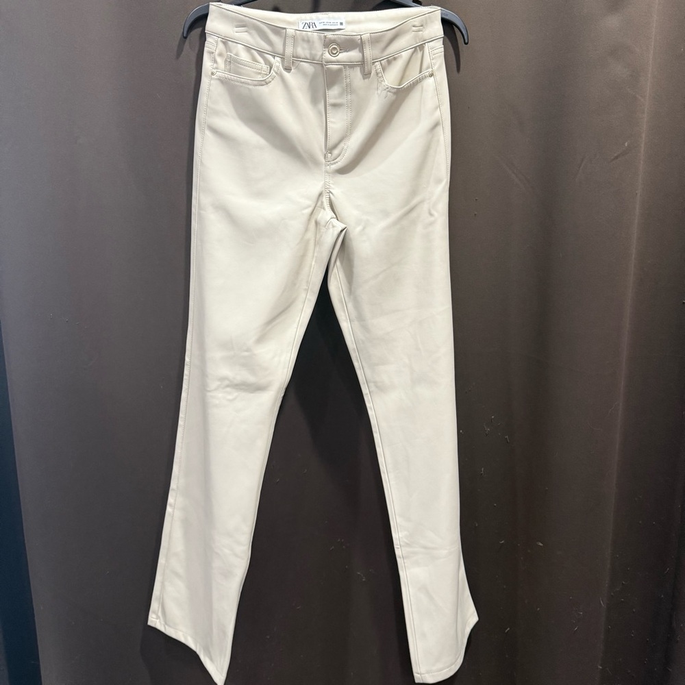 Zara Women's High Rise Straight Leg Cream Faux Leather Pants Size 02